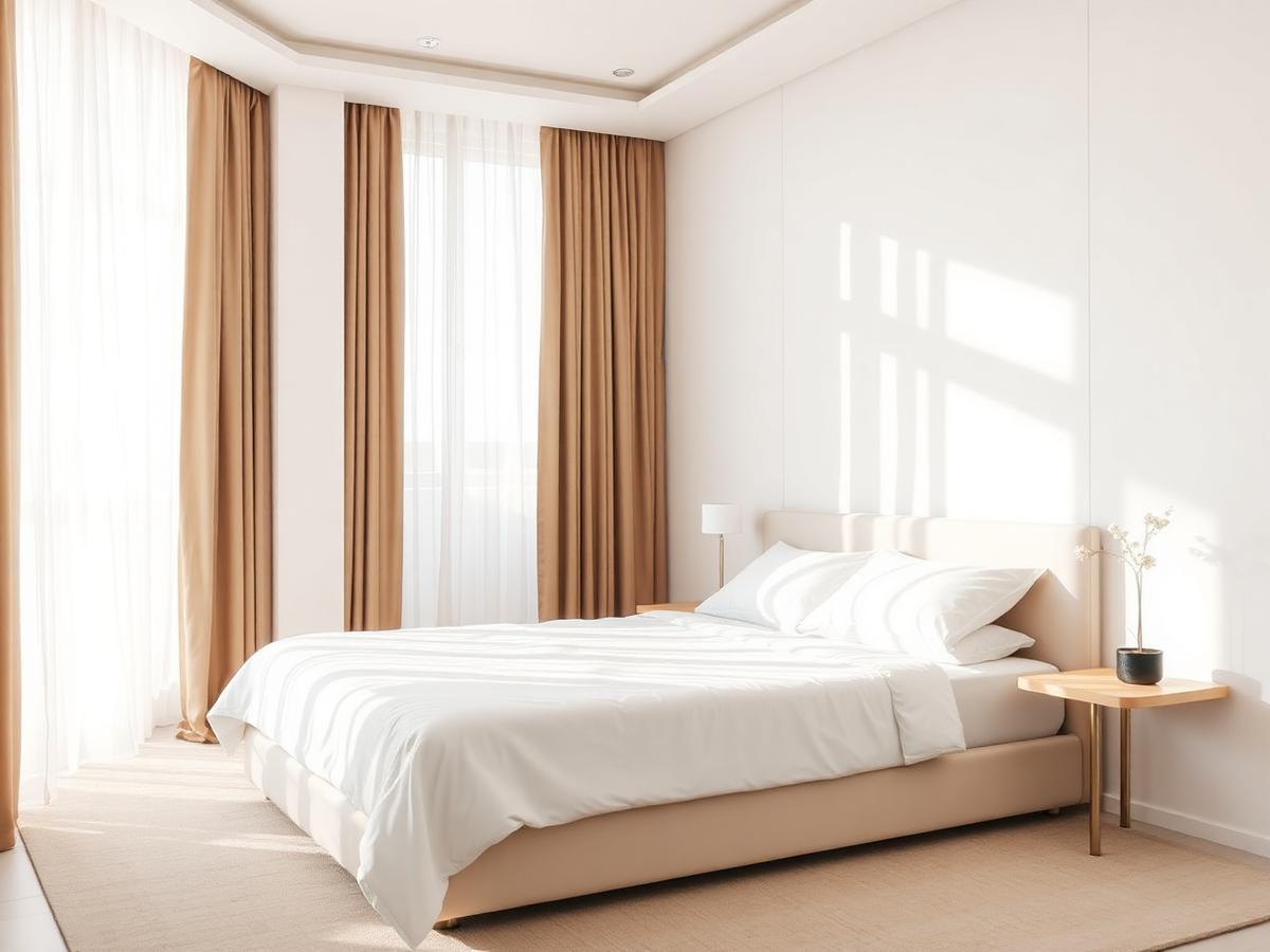 Bright bedroom with freshly made bed